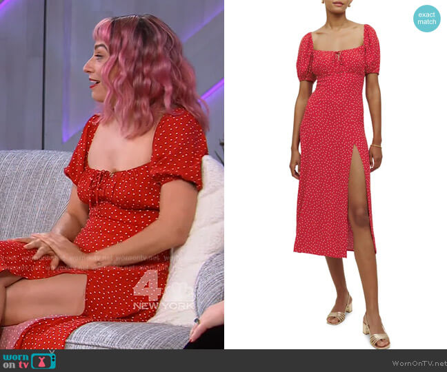 Reformation Teyana Polka Dot Midi Dress worn by Melissa Villasenor on The Kelly Clarkson Show