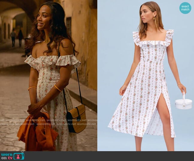 Reformation Amethyst Dress in Poppyseed worn by Amy Wheeler (Zoe Saldana) on From Scratch