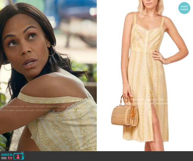 Reformation Sandalwood Dress in Clara Yellow worn by Amy Wheeler (Zoe Saldana) on From Scratch