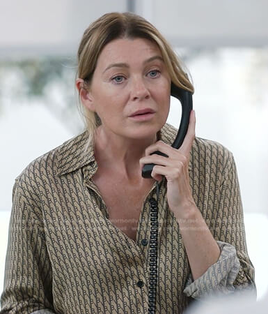 Meredith’s beige monogram print blouse on Greys Anatomy
