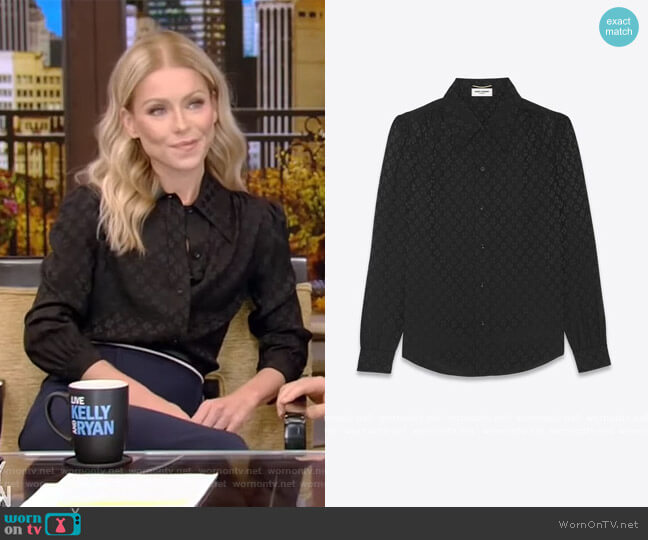 Saint Laurent Shirt in Matte and Shiny Silk worn by Kelly Ripa on Live with Kelly and Mark