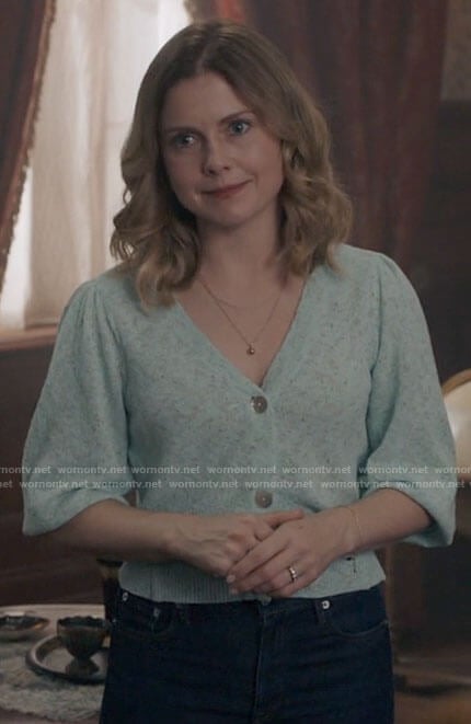 Sam’s mint green v-neck cardigan on Ghosts
