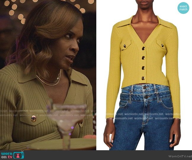 Sandro Axel Rib-Knit Cardigan worn by Sally Braswell (Nefetari Spencer) on Reasonable Doubt