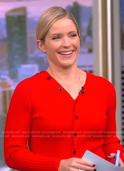 Sara’s red ribbed button cardigan on The View