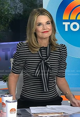 Savannah’s grey striped tie neck top on Today