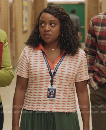 Janine’s orange textured polo on Abbott Elementary