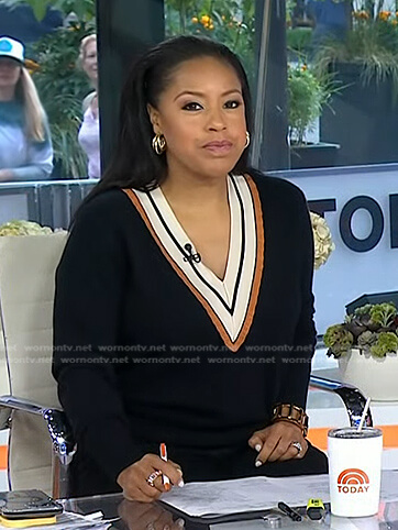 Sheinelle’s black v-neck varsity sweater on Today