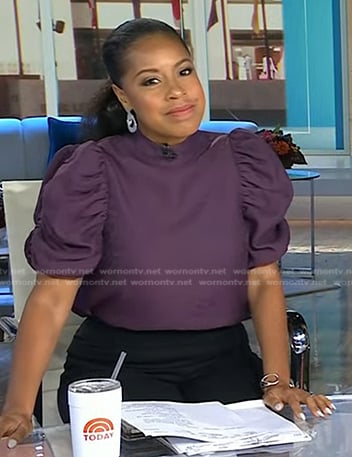 Sheinelle’s purple snake print puff sleeve top on Today