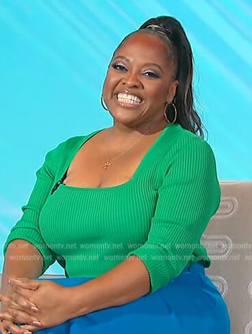 Sherri’s green ribbed square neck top on Sherri