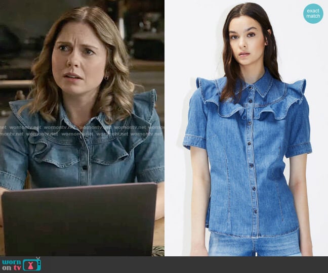 Sisley Denim Shirt with Ruffles worn by Sam (Rose McIver) on Ghosts