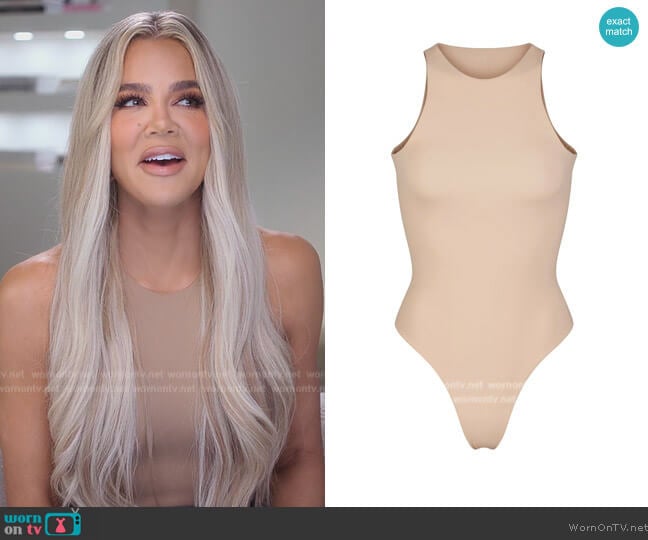 Skims Fits Everybody High Neck Bodysuit in Clay worn by Khloe Kardashian (Khloe Kardashian) on The Kardashians