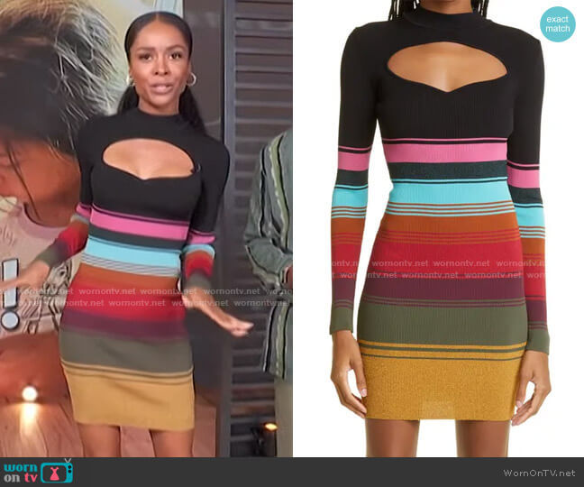 Staud Clara Stripe Cutout Ribbed Long Sleeve Sweater Dress worn by Zuri Hall on Access Hollywood