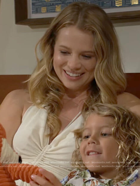 Summer’s white ruched front dress on The Young and the Restless