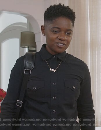 Tamia’s black pearl button shirt on All American
