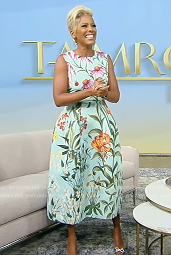 Tamron’s blue floral sleeveless dress on Tamron Hall Show