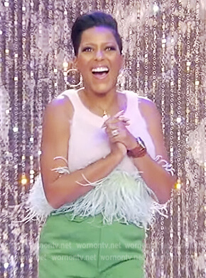 Tamron’s feather trim top on Tamron Hall Show