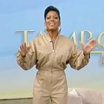 Tamron’s khaki leather jumpsuit on Tamron Hall Show
