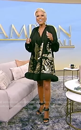 Tamron’s black metallic foil printed mini dress  on Tamron Hall Show
