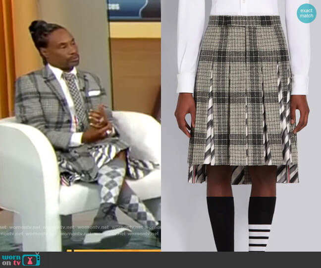 Thom Brown Medium Grey Grid Windowpane Check British Wool Combo Insert Classic Rise Backstrap Pleated Skirt worn by Billy Porter on CBS Mornings