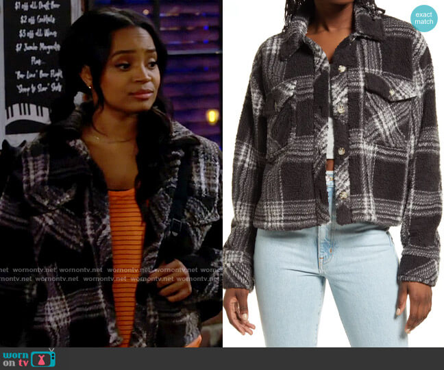 Thread & Supply Crop Fleece Shirt Jacket in Black White Plaid worn by Randi (Kyla Pratt) on Call Me Kat