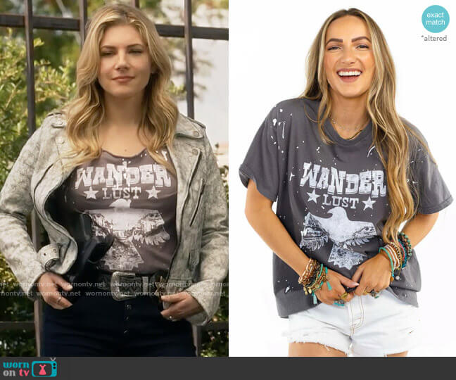 Three Bird Nest Wandering Wings Graphic Top worn by Jenny Hoyt (Katheryn Winnick) on Big Sky
