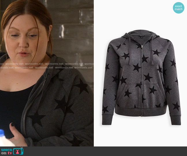 Torrid Classic Fit Super Soft Fleece Zip Up Raglan Hoodie in Grey Star worn by Gigi Taylor-Roman (Beth Ditto) on Monarch