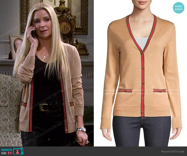 Tory Burch Madeline Striped Trim Cardigan worn by Jennifer Horton (Cady McClain) on Days of our Lives