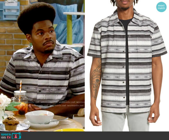Treasure & Bond Mixed Stripe Short Sleeve in Grey Washed Blanket Stripe worn by Carter (Julian Gant) on Call Me Kat