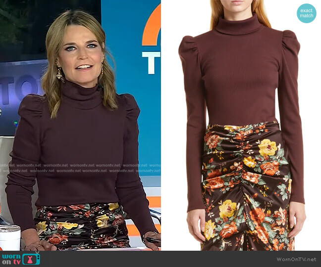 Veronica Beard Cedar Puff Sleeve Turtleneck Rib Top worn by Savannah Guthrie on Today