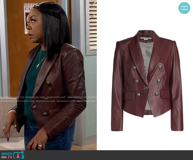 Veronica Beard Cooke Leather Jacket in Burgundy worn by Tina Butler (Tichina Arnold) on The Neighborhood