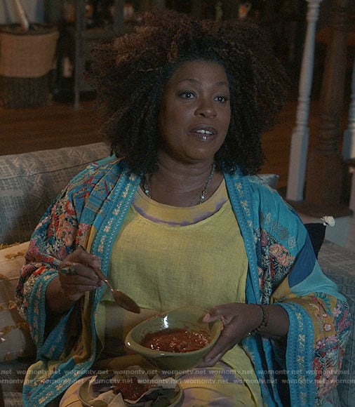 Vi’s yellow tie dye dress and embroidered jacket on The Equalizer