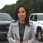Vicky’s grey print top and moto jacket on Today