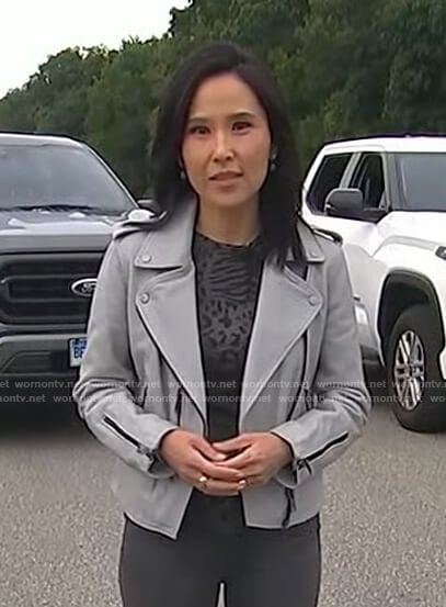 Vicky’s grey print top and moto jacket on Today