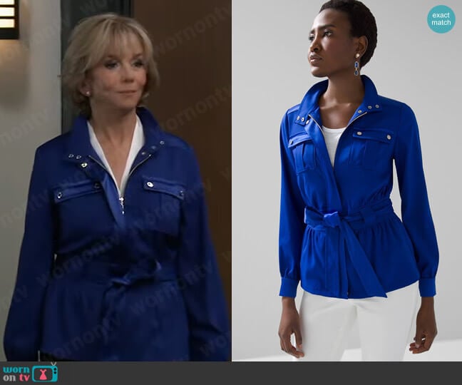 White House Black Market Tie Front Shacket worn by Peyton Honeycutt (Linda Purl) on General Hospital