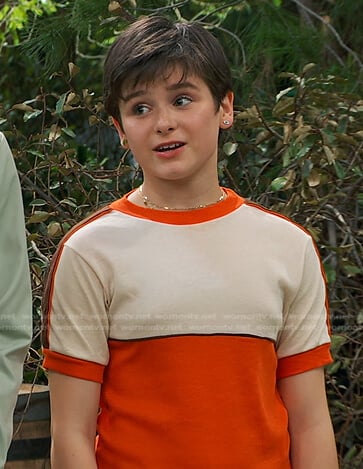 Winnie’s orange colorblock tee on Bunkd