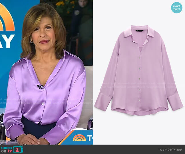 Zara Flowy Satin Effect Shirt in Light Lilac worn by Hoda Kotb on Today