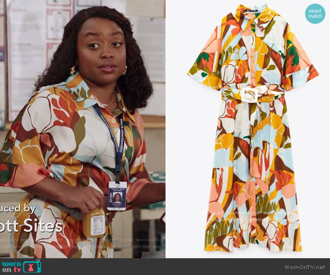 Zara Tortoiseshell Effect Collared Belted Shirt Dress worn by Janine Teagues (Quinta Brunson) on Abbott Elementary