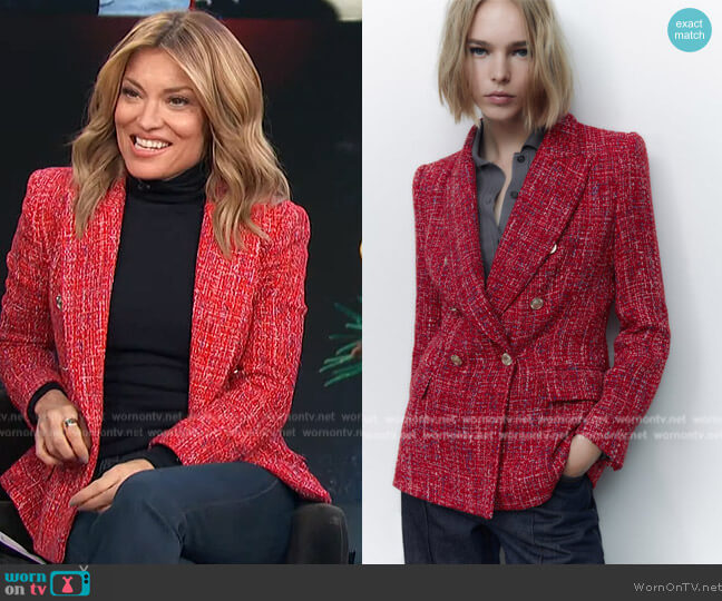 Zara Double Breasted Textured Weave Jacket worn by Kit Hoover on Access Hollywood