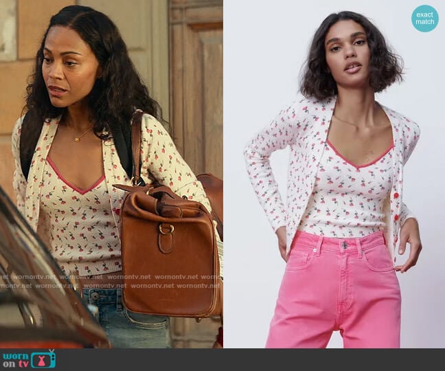 Zara Floral Jacquard Knit Cardigan worn by Amy Wheeler (Zoe Saldana) on From Scratch