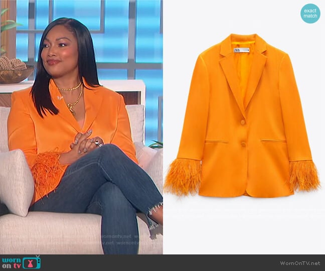 Zara Satin Feather Trim Blazer worn by Garcelle Beauvais on The Talk
