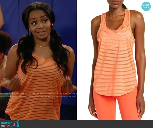 Zella Sporty Sheer Stripe Tank in Coral Salmon worn by Randi (Kyla Pratt) on Call Me Kat