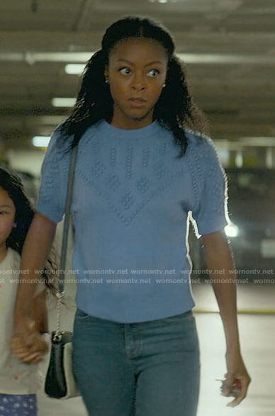 Zora’s blue short sleeve sweater on From Scratch