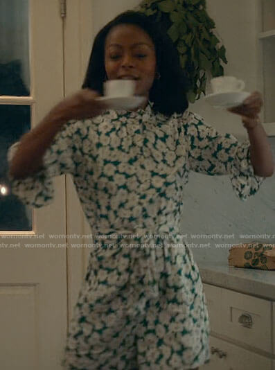 Zora’s green floral romper on From Scratch