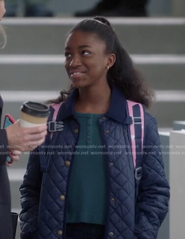 Zola’s green top and navy quilted jacket on Greys Anatomy