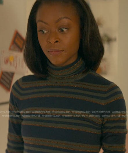 Zora’s metallic striped turtleneck on From Scratch