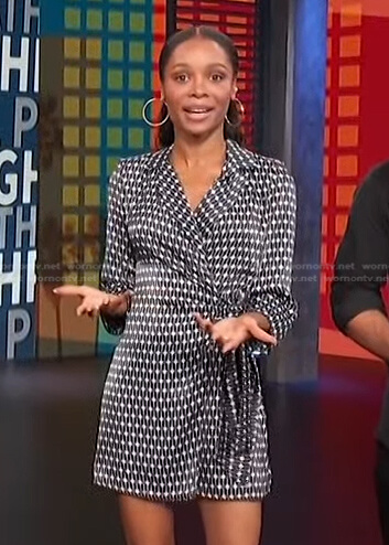 Zuri’s black printed wrap dress on Access Hollywood