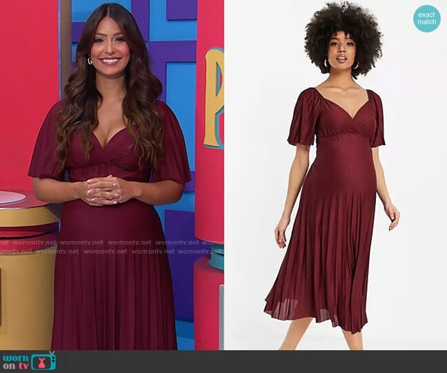ASOS Design Maternity pleated twist back cap sleeve midi dress in dark red worn by Manuela Arbeláez on The Price is Right