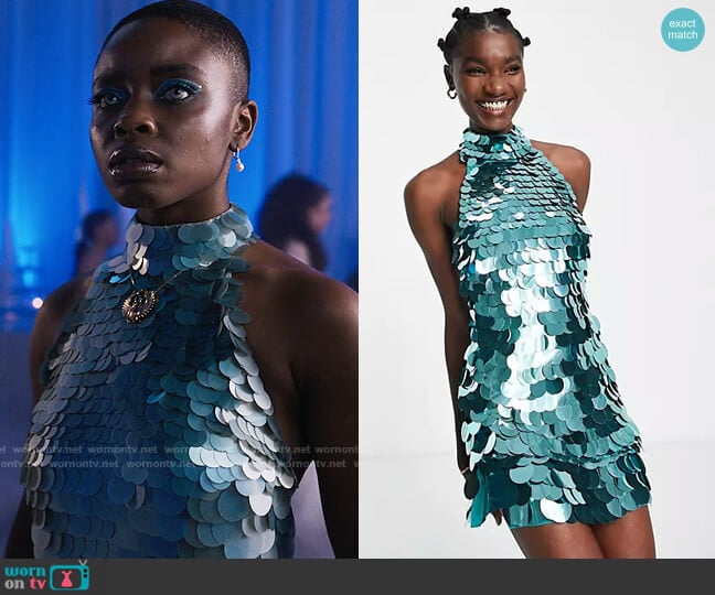 ASOS Design Disc Sequin Halter Mini Dress in Blue worn by Bianca Barclay (Joy Sunday) on Wednesday