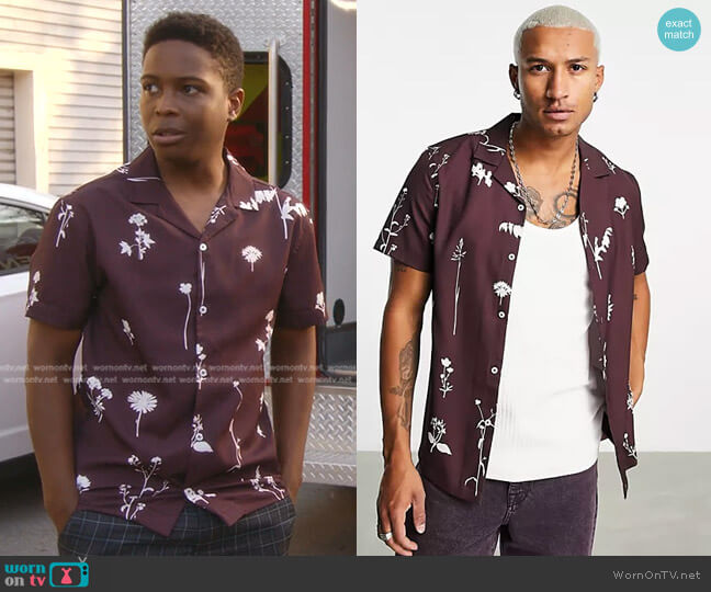 Asos Revere Shirt in Burgundy Floral Print worn by Darius (Dante Brown) on 9-1-1