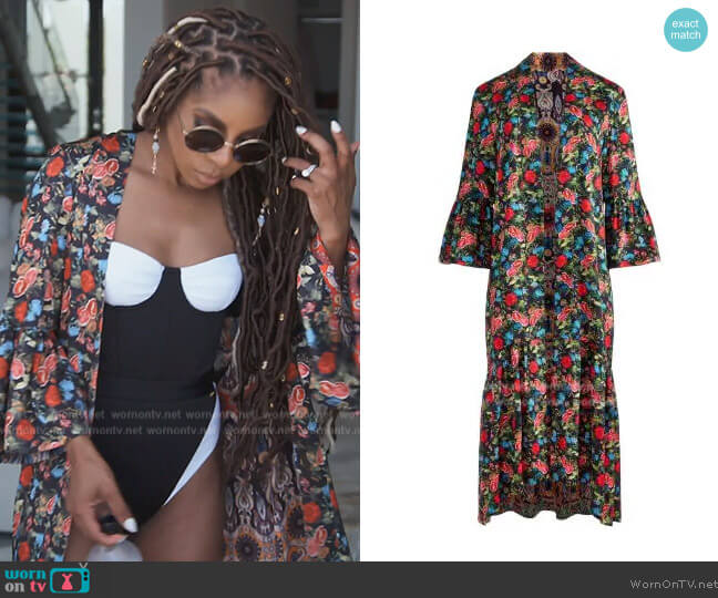 Alice + Olivia Dottie long reversible jacket worn by Candiace Dillard Bassett on The Real Housewives of Potomac